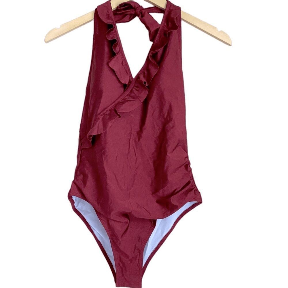 Cupshe Ruffle Halter One Piece Swimsuit Womens M Wine Red Ruched Bathing Suit